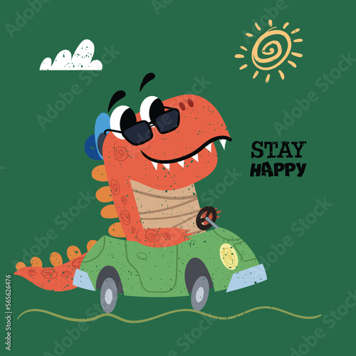Cute dinosaur drive a car. Best for children designs, tees, birthday flyers and invitations. Dino party template. Vector illustration.
