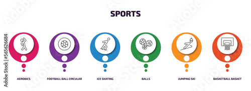 sports infographic element with outline icons and 6 step or option. sports icons such as aerobics, football ball circular, ice skating, balls, jumping ski, basketball basket vector.