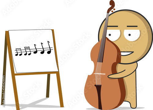 The boy learns to play the double bass from the notes
