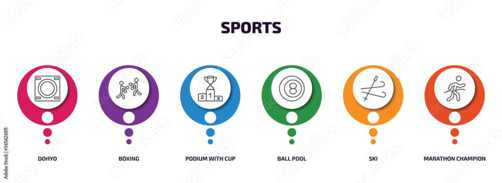 sports infographic element with outline icons and 6 step or option. sports icons such as dohyo, boxing, podium with cup, ball pool, ski, marathon champion vector. sports infographic element with outline icons and 6 step or option. sports icons such as dohyo, boxing, podium with cup, ball pool, ski, marathon champion vector.