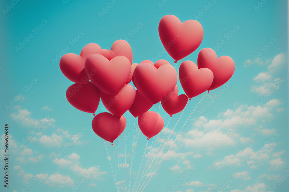 red heart balloons in blue sky concept of love in valentine day.