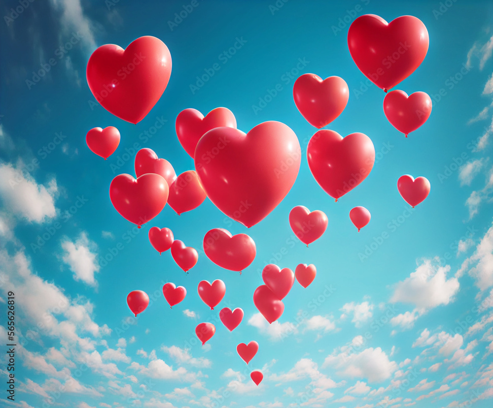red heart balloons in blue sky concept of love in valentine day.