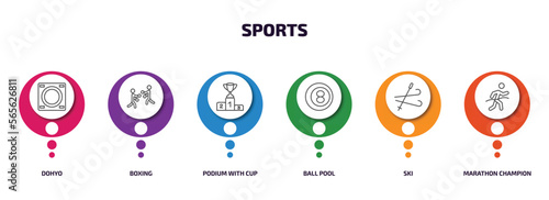 sports infographic element with outline icons and 6 step or option. sports icons such as dohyo, boxing, podium with cup, ball pool, ski, marathon champion vector.