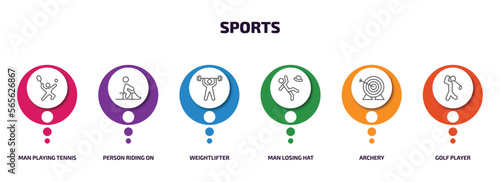 sports infographic element with outline icons and 6 step or option. sports icons such as man playing tennis, person riding on sleigh, weightlifter, man losing hat, archery, golf player vector.