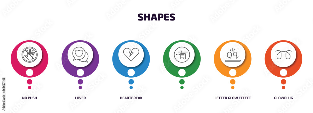 shapes infographic element with outline icons and 6 step or option. shapes icons such as no push, lover, heartbreak, , letter glow effect, glowplug vector. shapes infographic element with outline icons and 6 step or option. shapes icons such as no push, lover, heartbreak, , letter glow effect, glowplug vector.