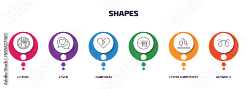 shapes infographic element with outline icons and 6 step or option. shapes icons such as no push  lover  heartbreak    letter glow effect  glowplug vector.