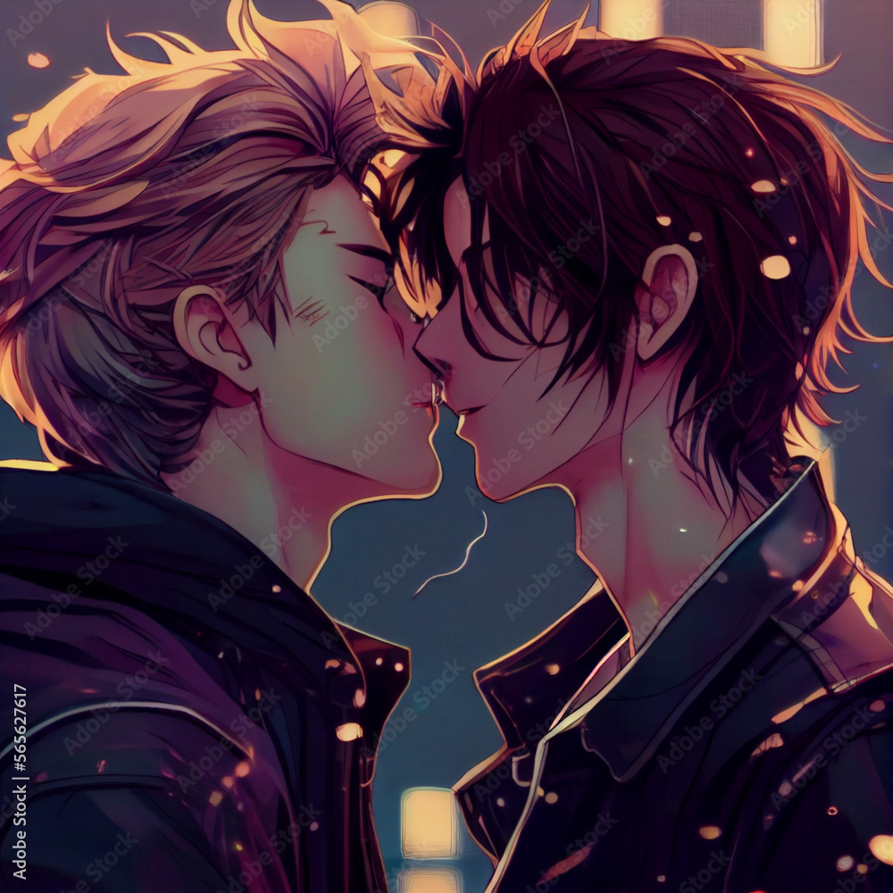 Kiss of two guys in love anime style. Generative AI Content. Stock  Illustration | Adobe Stock