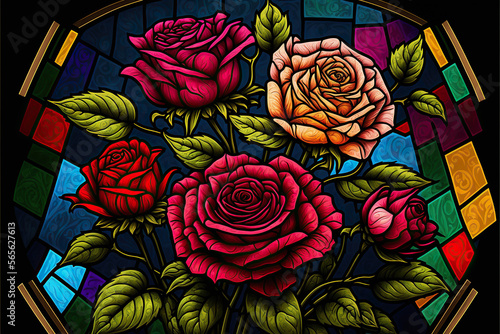 colorful stained glass roses, Generative AI