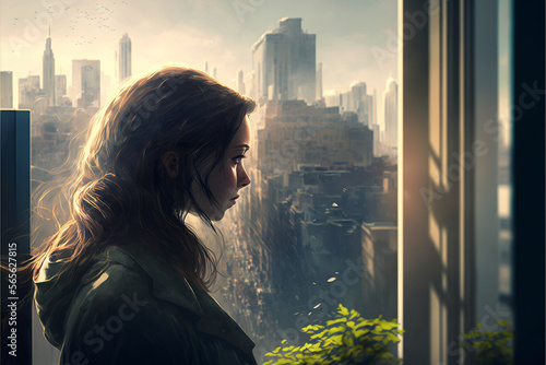 Sad girl in front of a future city skyline made with Generative AI