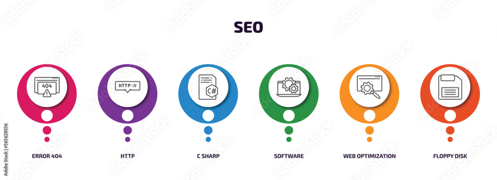 seo infographic element with outline icons and 6 step or option. seo icons such as error 404, http, c sharp, software, web optimization, floppy disk vector. seo infographic element with outline icons and 6 step or option. seo icons such as error 404, http, c sharp, software, web optimization, floppy disk vector.