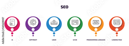 seo infographic element with outline icons and 6 step or option. seo icons such as js, copyright, login, ux de, programming language, landing page vector.