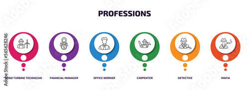 professions infographic element with outline icons and 6 step or option. professions icons such as wind turbine technician, financial manager, office worker, carpenter, detective, mafia vector.