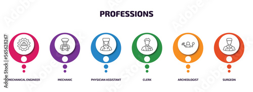 professions infographic element with outline icons and 6 step or option. professions icons such as mechanical engineer, mechanic, physician assistant, clerk, archeologist, surgeon vector.