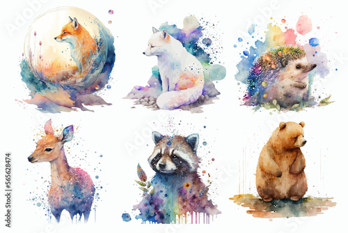 Safari Animal set Brown bear, fox, deer, arctic fox, racoon, hedgehog in watercolor style. Isolated vector illustration