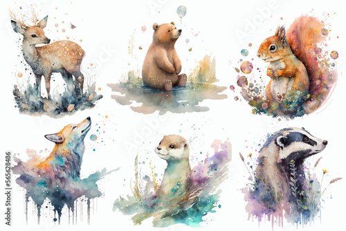 Fotografie, Tablou Safari Animal set Brown bear, wolf, deer, badger, squirrel, weasel in watercolor style