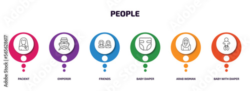 people infographic element with outline icons and 6 step or option. people icons such as pacient, emperor, friends, baby diaper, arab woman, baby with diaper vector.