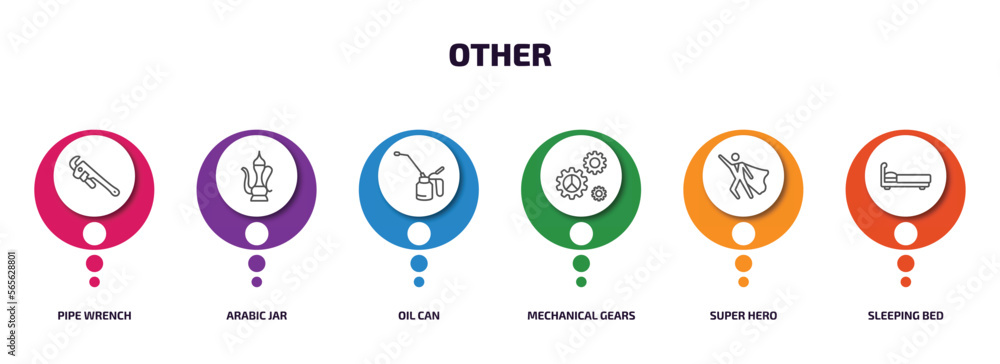 other infographic element with outline icons and 6 step or option. other icons such as pipe wrench, arabic jar, oil can, mechanical gears, super hero, sleeping bed vector. other infographic element with outline icons and 6 step or option. other icons such as pipe wrench, arabic jar, oil can, mechanical gears, super hero, sleeping bed vector.