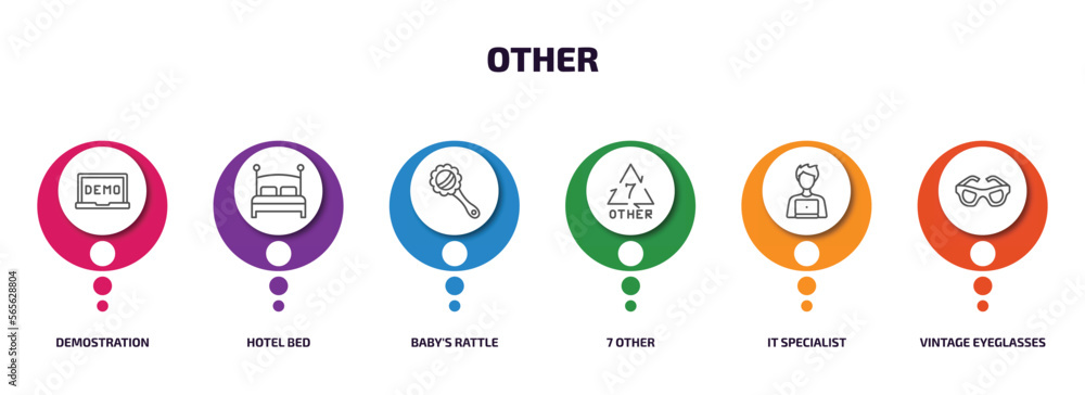 other infographic element with outline icons and 6 step or option. other icons such as demostration, hotel bed, baby's rattle, 7 other, it specialist, vintage eyeglasses vector. other infographic element with outline icons and 6 step or option. other icons such as demostration, hotel bed, baby's rattle, 7 other, it specialist, vintage eyeglasses vector.