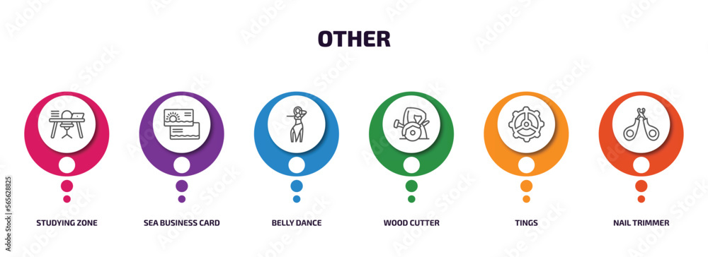 other infographic element with outline icons and 6 step or option. other icons such as studying zone, sea business card, belly dance, wood cutter, tings, nail trimmer vector. other infographic element with outline icons and 6 step or option. other icons such as studying zone, sea business card, belly dance, wood cutter, tings, nail trimmer vector.