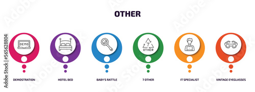 other infographic element with outline icons and 6 step or option. other icons such as demostration, hotel bed, baby's rattle, 7 other, it specialist, vintage eyeglasses vector.