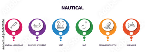 nautical infographic element with outline icons and 6 step or option. nautical icons such as nautical monocular, roofless speed boat, vest, bait, message in a bottle, submarine vector.