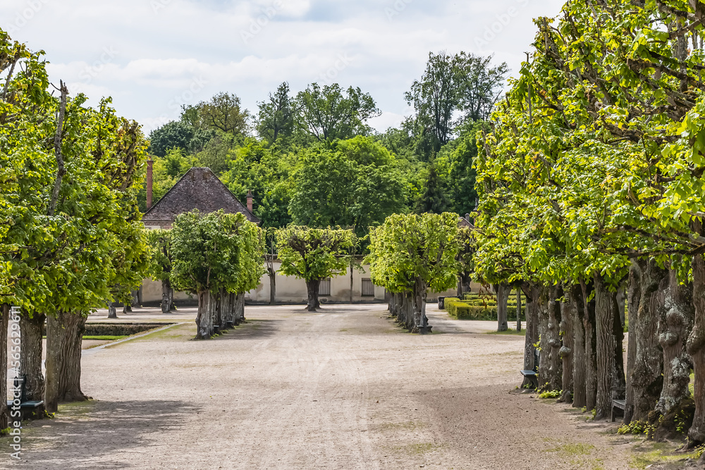 Beautiful Public Park near Palace of Fontainebleau (Chateau de Fontainebleau, 1137) - one of largest old French royal chateaux in suburban of Paris (55 kilometres). Fontainebleau, France.