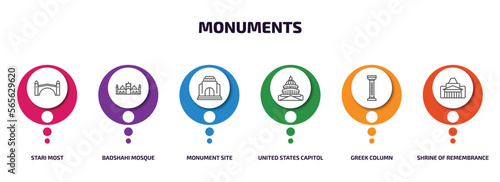 monuments infographic element with outline icons and 6 step or option. monuments icons such as stari most, badshahi mosque, monument site, united states capitol, greek column, shrine of remembrance