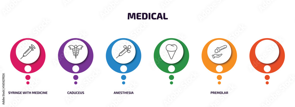 medical infographic element with outline icons and 6 step or option. medical icons such as syringe with medicine, caduceus, anesthesia, , premolar, acid falling on hand vector. medical infographic element with outline icons and 6 step or option. medical icons such as syringe with medicine, caduceus, anesthesia, , premolar, acid falling on hand vector.