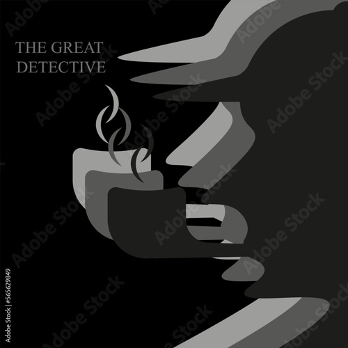 The silhouette of the face of a man in a cap, with a smoking pipe in his mouth and the inscription great detective.