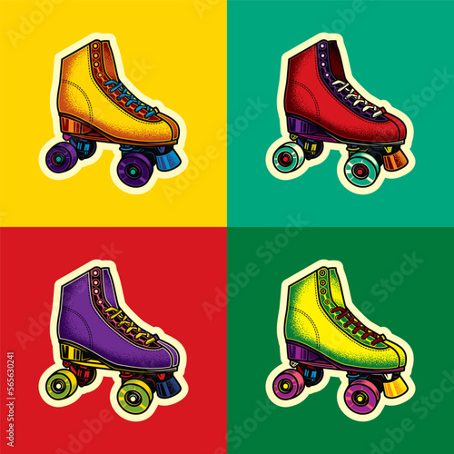 Original vector illustration in vintage style. Vintage roller skates. T-shirt design. A design element.