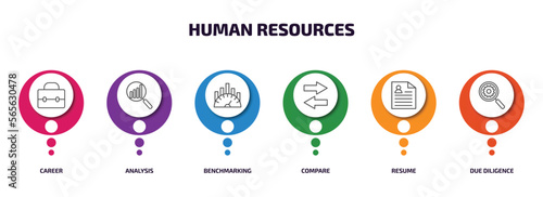 human resources infographic element with outline icons and 6 step or option. human resources icons such as career, analysis, benchmarking, compare, resume, due diligence vector.