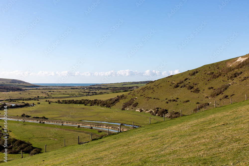 Looking out over the Cuckmere Valley towards the coast, on a sunny spring morning