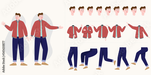 Handsome man constructor in flat style. Parts of body legs and arms , face emotions, haircuts and hands gestures. Vector cartoon Man character