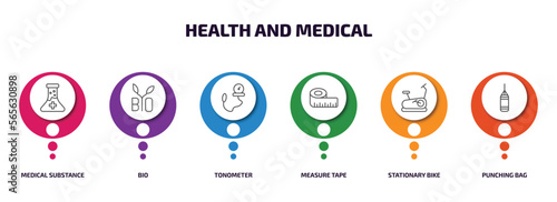 health and medical infographic element with outline icons and 6 step or option. health and medical icons such as medical substance, bio, tonometer, measure tape, stationary bike, punching bag