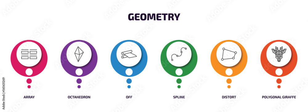 geometry infographic element with outline icons and 6 step or option. geometry icons such as array, octahedron, off, spline, distort, polygonal giraffe vector. geometry infographic element with outline icons and 6 step or option. geometry icons such as array, octahedron, off, spline, distort, polygonal giraffe vector.