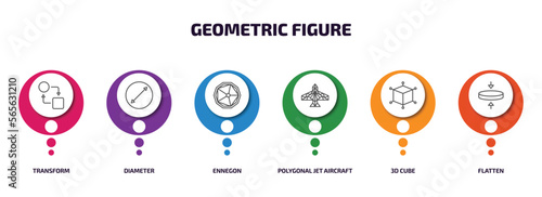 geometric figure infographic element with outline icons and 6 step or option. geometric figure icons such as transform, diameter, ennegon, polygonal jet aircraft, 3d cube, flatten vector.