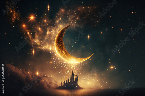 Photo A golden crescent moon in the foreground, and fireworks in the background, creat