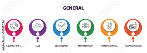 general infographic element with outline icons and 6 step or option. general icons such as insurance with a button, sand, go green badge, smart contract, number one medal, password phishing vector.
