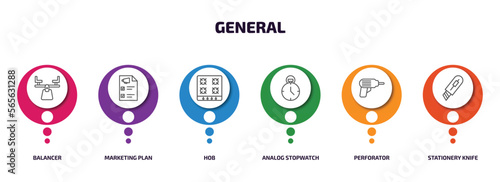 general infographic element with outline icons and 6 step or option. general icons such as balancer, marketing plan, hob, analog stopwatch, perforator, stationery knife vector.