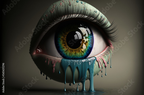 Uncany blue eyeball close-up, crying with blue paint