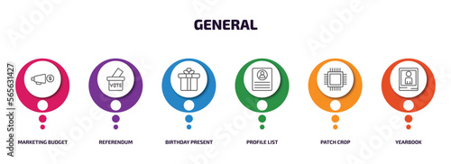 general infographic element with outline icons and 6 step or option. general icons such as marketing budget, referendum, birthday present, profile list, patch crop, yearbook vector.