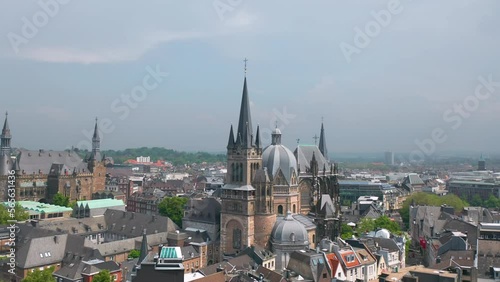 Aachen (Germany) skyline summer panorama. Aerial view of Aachen Cathedral (German: Aachener Dom) with Katschhof square and Town Hall (Rathaus) in background