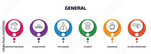 general infographic element with outline icons and 6 step or option. general icons such as construction crane, classification, hr planning, filament, coworking, in-game advertising vector.
