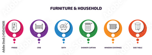 furniture & household infographic element with outline icons and 6 step or option. furniture & household icons such as fridge, crib, bath, shower curtain, window coverings, side table vector.