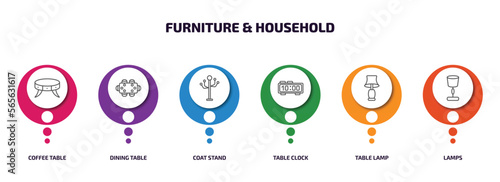 furniture & household infographic element with outline icons and 6 step or option. furniture & household icons such as coffee table, dining table, coat stand, table clock, lamp, lamps vector.