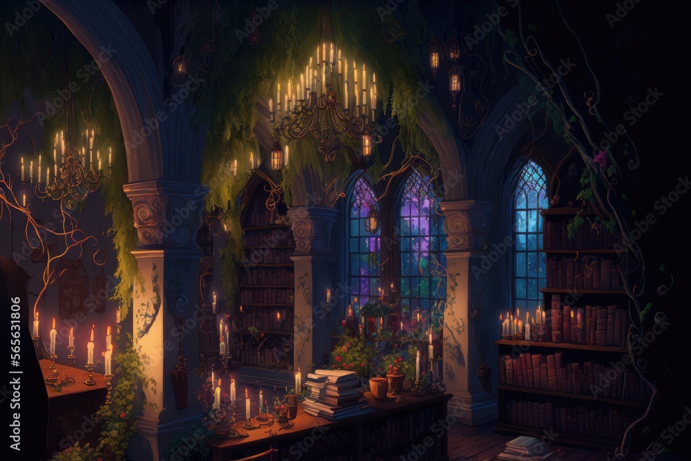 Interior of an enchanted library with candles