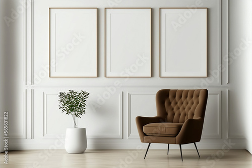 Blank picture frame mockup on white wall. Modern living room design. Three vertical templates for artwork and painting. Generative AI. © Matan