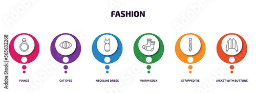 fashion infographic element with outline icons and 6 step or option. fashion icons such as fiance, cat eyes, neckline dress, warm sock, stripped tie, jacket with buttons vector.