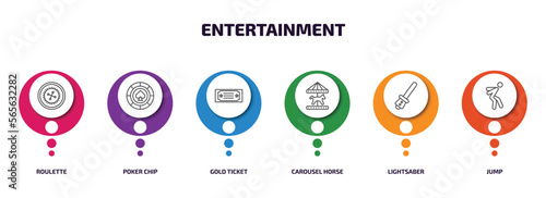 entertainment infographic element with outline icons and 6 step or option. entertainment icons such as roulette, poker chip, gold ticket, carousel horse, lightsaber, jump vector.