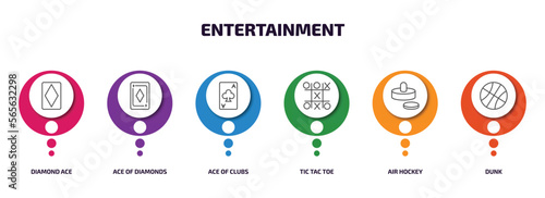 entertainment infographic element with outline icons and 6 step or option. entertainment icons such as diamond ace, ace of diamonds, ace of clubs, tic tac toe, air hockey, dunk vector.